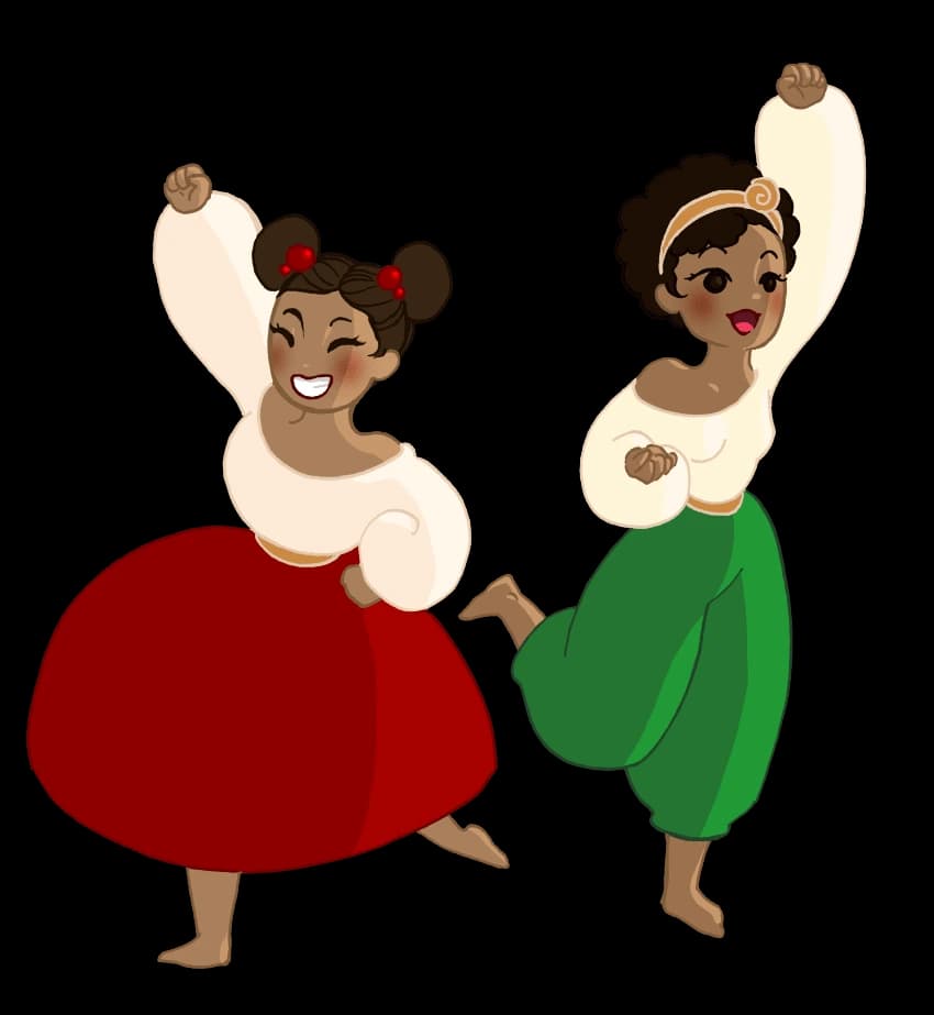 The Galloway Sisters: Crystal (left) and Brittney (right) as drawn in the "For Peace, Love, and Harmony" style. Art by Crystal