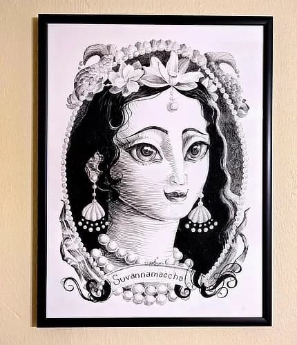 Framed pen drawing of the little mermaid Suvannamaccha
